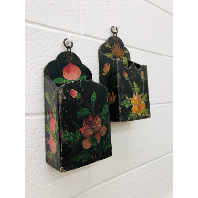 Wood Antique Hand Painted Hanging Boxes - a Pair For Sale - Image 7 of 11