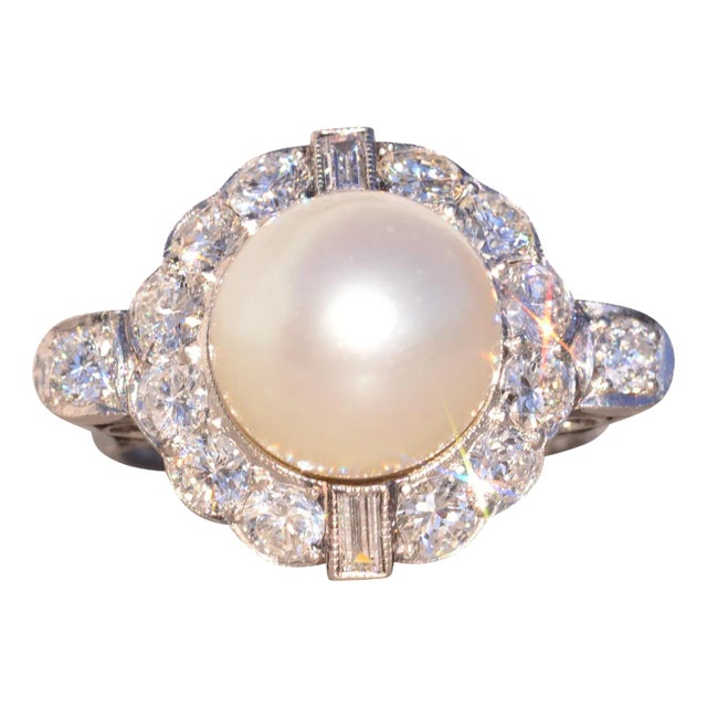 The 114th Avenue: Antique Natural Pearl and Diamond Ring in Platinum For Sale