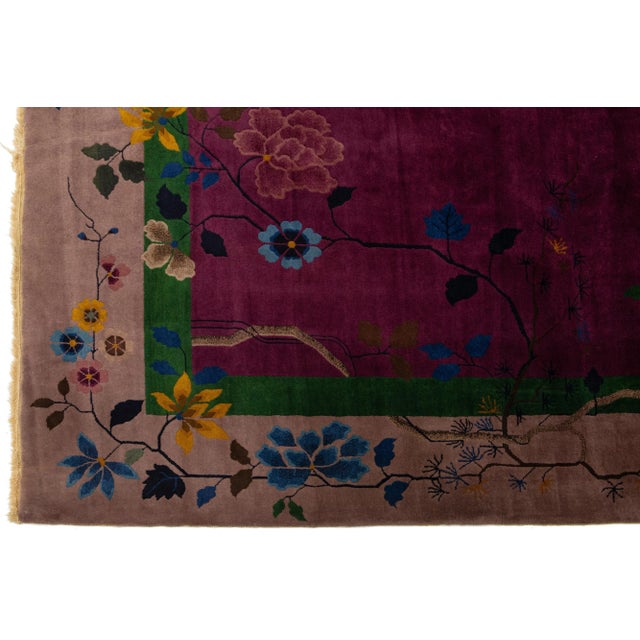 Textile Art Deco Antique Purple Wool Rug Handmade With Chinese Floral Motif For Sale - Image 7 of 10