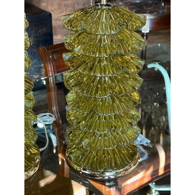 Mid 20th Century Murano "Ruffle" Lamps in Olive Green For Sale - Image 5 of 5