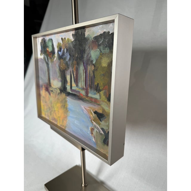 Cornflower Blue Vintage Post Impressionist Modern Landscape Still Life Original Oil Framed Painting, Pistachio Green, Purple, Blue For Sale - Image 8 of 11