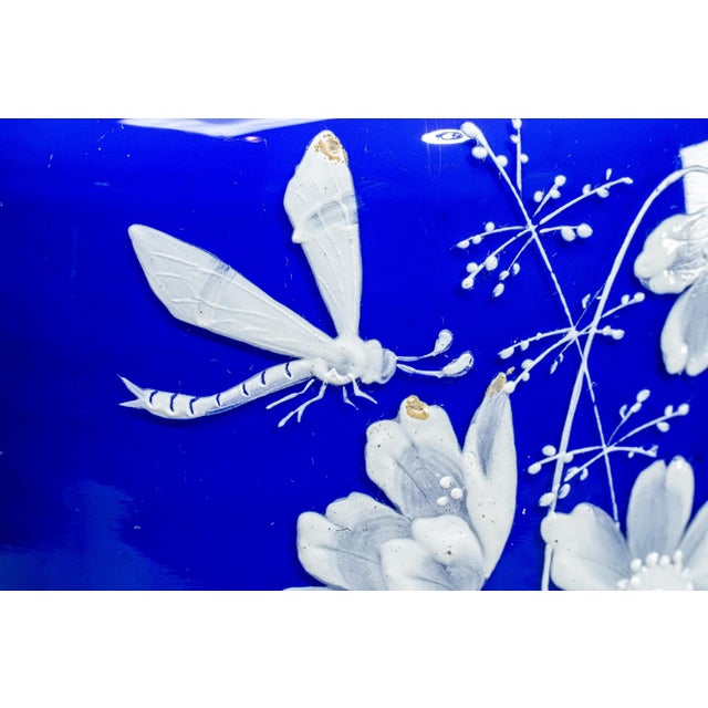 Blue Striking Cobalt Blue and Hand Painted White Dragon Fly Flower Design Antique Victorian Decorative Vase For Sale - Image 8 of 17