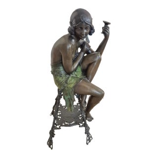 Vintage Art Deco Multi-Color Patinated Bronze "Champagne Girl" Sculpture – After Ferdinando De Luca For Sale