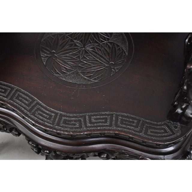 Antique Japanese Dragon Carved Wood Export Oriental Palace Lounge Arm Chair For Sale - Image 9 of 18