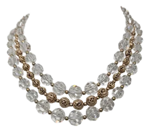 Vintage 1950s Signed Napier 3-Strand Cut Glass Beaded Flower Necklace