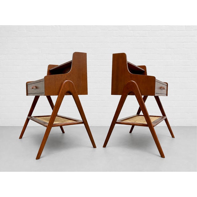 Mid Century Modern Handcrafted Teak Nightstands / Bedside Tables. Loads of design details including lower caned shelf,...