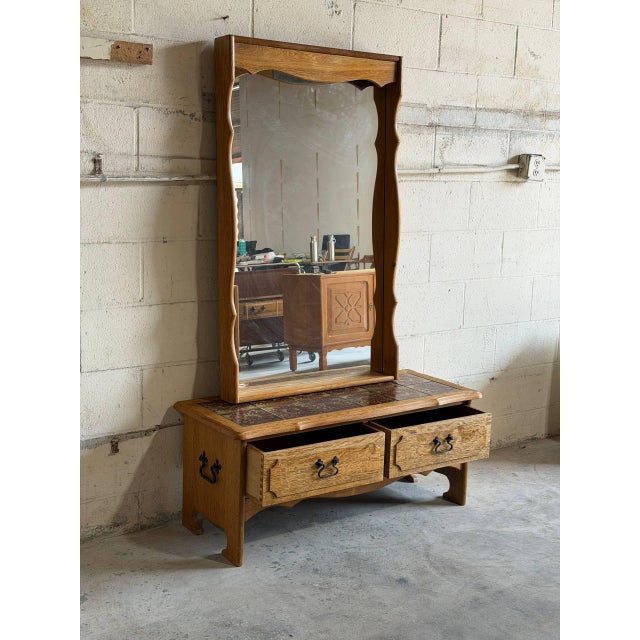 Beautiful vintage Danish oak entryway bench / table with matching sculptural mirror, attributed to Henning Kjærnulf and...