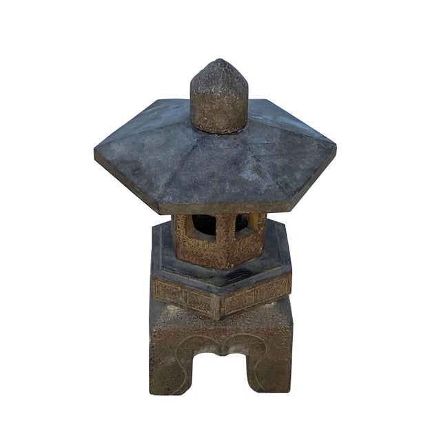 This is a set of gray brown stone hexagon pagoda shape garden decor lantern lamp with a simple top. (a combination of 5...