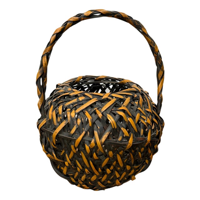 Small Round Orange and Black Basket with Curved Handle For Sale