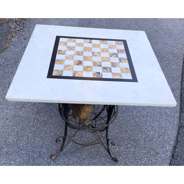 Mid-Century Modern Wrought Iron World Globe Centered Table W/ Inlaid Marble Chess Board Top For Sale - Image 3 of 12