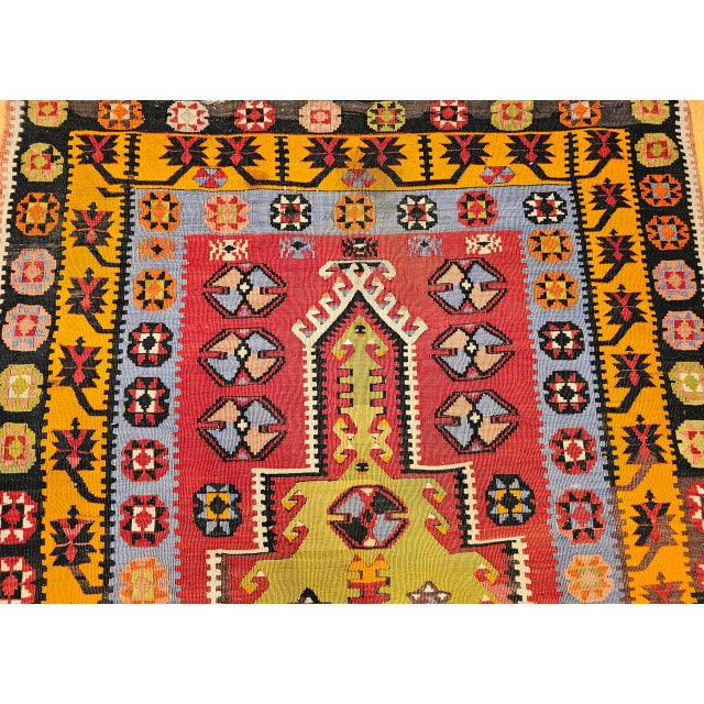 Vintage Turkish Kilim Rug, Flat-Woven Prayer Pattern, Yellow & Green, 4x6 For Sale - Image 9 of 16