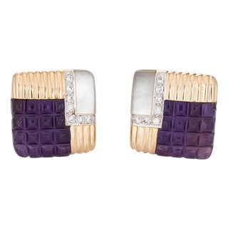 80s Amethyst Diamond Square Earrings Vintage 14k Yellow Gold Mop Estate Jewelry, Pair For Sale