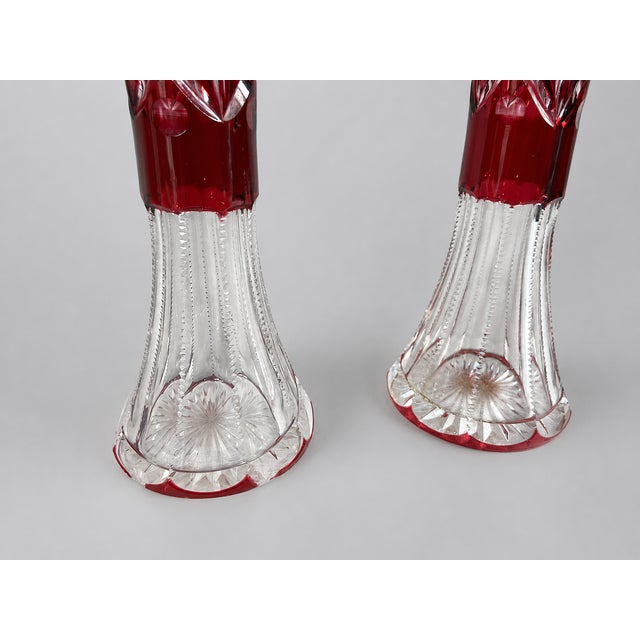 Bohemia Early 20thC Bohemian Red Cut Crystal Vases - Pair For Sale - Image 4 of 12