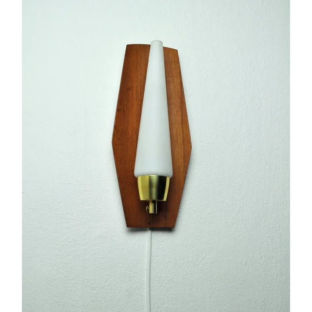 1960s Scandinavian Modern Wall Light in Teak with Brass and Opaline Glass, Denmark, 1960s For Sale - Image 5 of 13