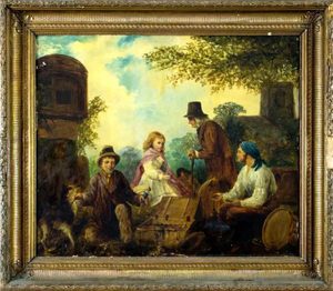 "Outdoor Scene", With Figures, W. Bromley (Uk), 1800 Antique Oil Painting