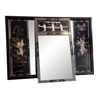 Vintage Chinoiserie Black Lacquer Figural Mirrors, 2-Piece Set For Sale