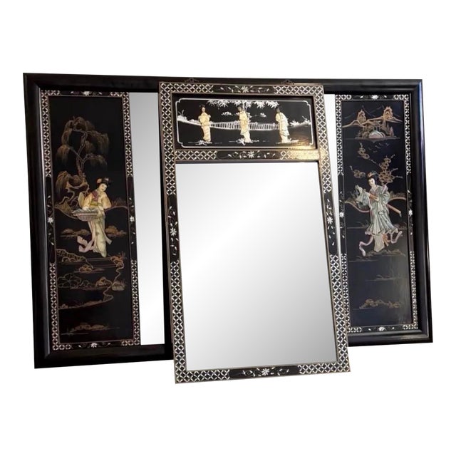Vintage Chinoiserie Black Lacquer Figural Mirrors, 2-Piece Set For Sale
