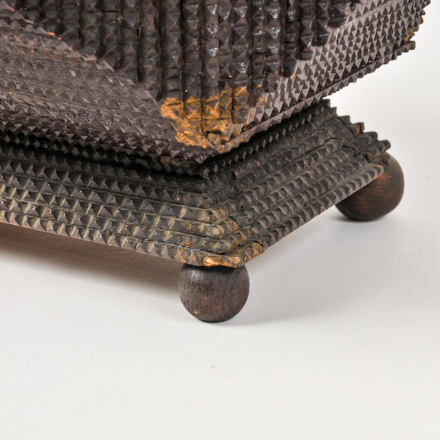 Early 20th Century Large Tramp Art Dresser Box: Chip Carved Folk Art, Round Feet, Gold Paint Remnants For Sale - Image 13 of 16
