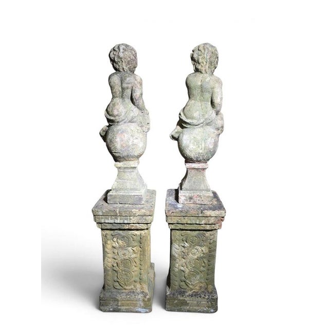 Ceramic Pair of Italian Cherub Sculptures with Pedest, 1890, Terracotta For Sale - Image 7 of 10