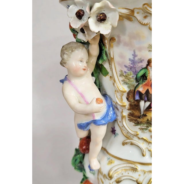 Pair Antique German 19th C Putti Baby Meissen Porcelain Hand Painted Vases Urns For Sale - Image 4 of 15