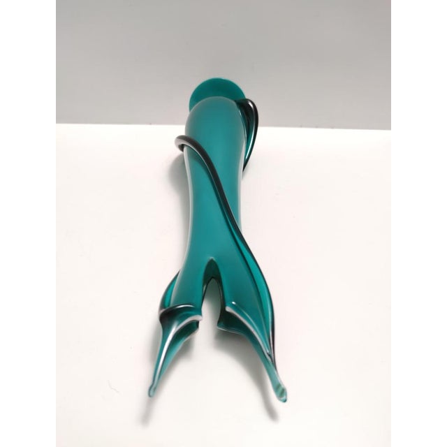 Vintage Teal Encased and Hand-Blown Murano Glass Flower Vase, Italy, 1960s For Sale - Image 6 of 12