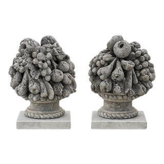 1940s Pair of Monumental Hand-Carved Fruit Topiary Sculptures on Pedestals For Sale