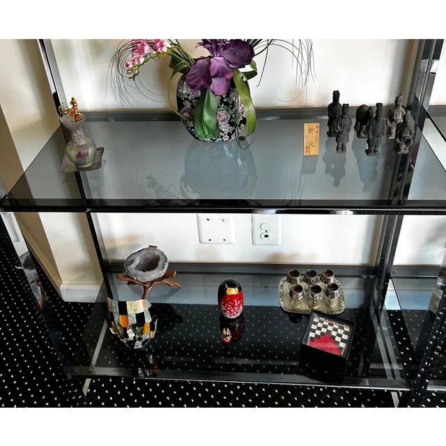 Matched Pair 1970s Chrome & Smoked-Glass Etageres 74″h – Milo Baughman Style – Estate Fresh For Sale - Image 13 of 15