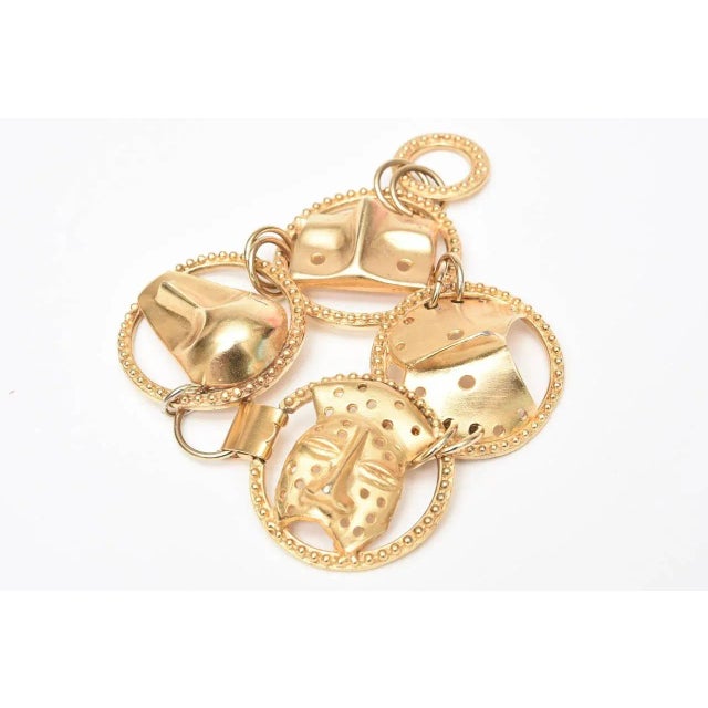 1990s Signed Japanese Yo Hai Gold Plated Mask Charm Bracelet 90's For Sale - Image 5 of 8