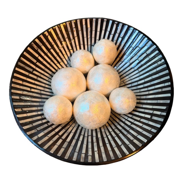 Black Large Mother of Pearl Inlay Wood Centerpiece Bowl, Black Sunburst Mosaic For Sale - Image 8 of 8