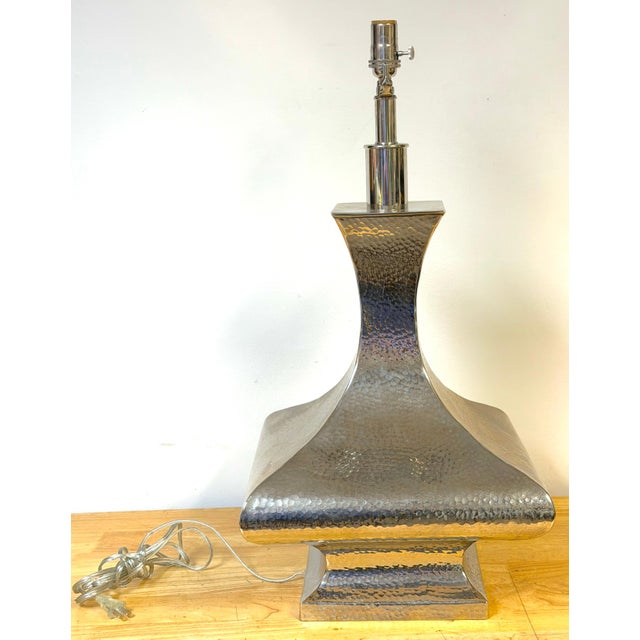 Metal Late 20th Century Monumental Hand-Hammered Silver-Plated Modernist Table Lamps - a Pair For Sale - Image 7 of 18