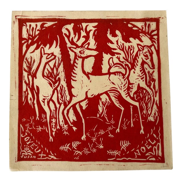 1960s Susan Willard Flint Linocut Print – Red Reindeer on Paper For Sale