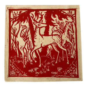 1960s Susan Willard Flint Linocut Print – Red Reindeer on Paper