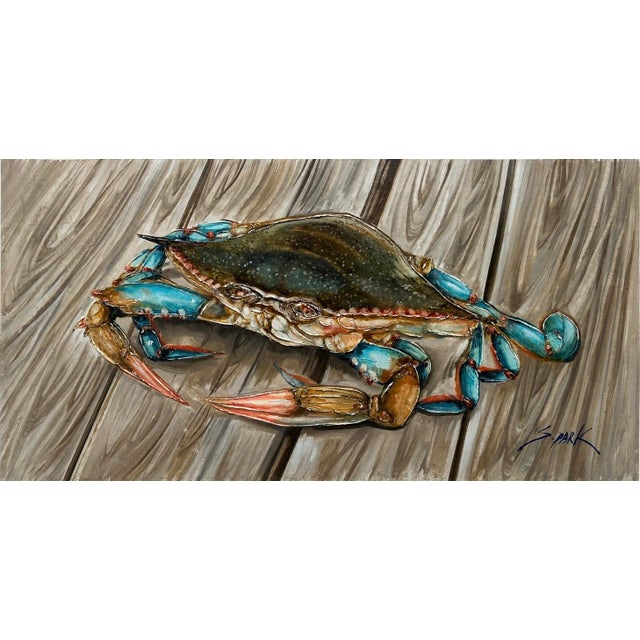 Original oil painting on canvas depicting a blue crab resting upon weathered dock planks. Bring the charm of the...