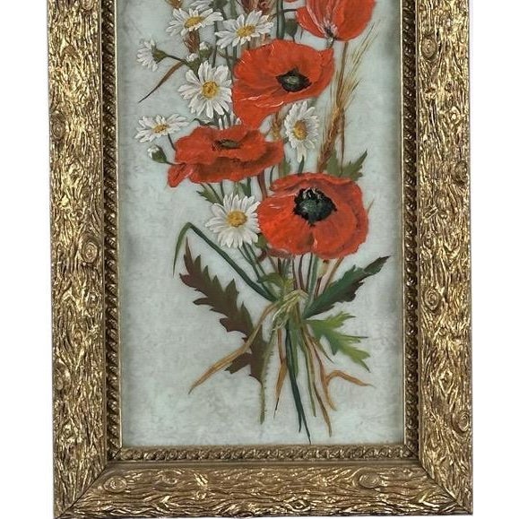 Victorian Antique 19th Century Floral Oil Painting on Glass Pane in Victorian Faux Bois Gilt Frame For Sale - Image 3 of 10
