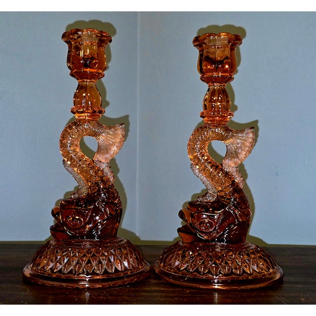 Glass Pink Depression Glass Dolphin Candlesticks – l.e. Smith, 1930s – Pair For Sale - Image 7 of 10