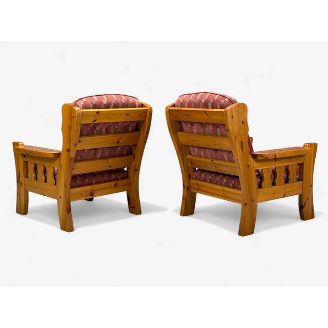 Brown Swedish Modern, Pine, Red Fabric, Brutalist Lounge Chairs, Sweden, 1950s For Sale - Image 8 of 12