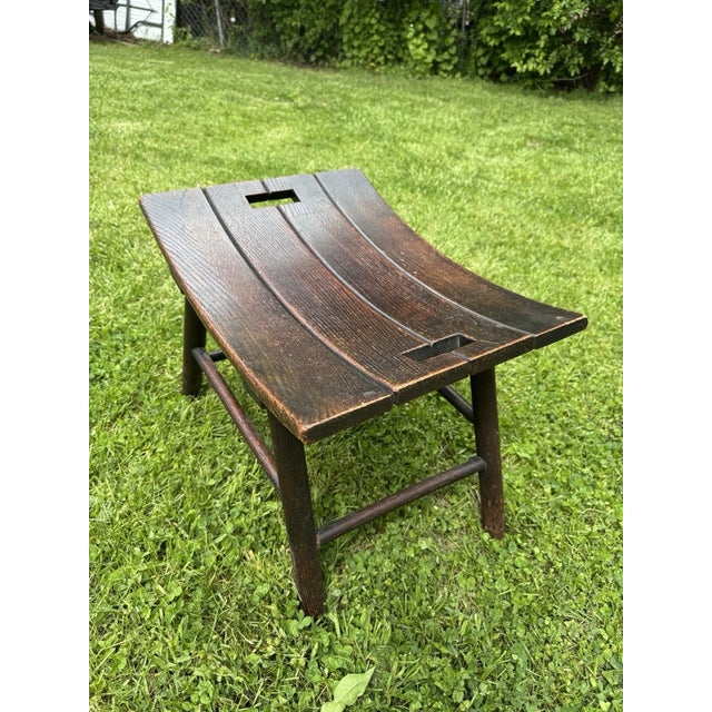 Mid-Century Arts & Crafts Solid Oak Wood Bench Stool Curved Seat Rustic For Sale In Philadelphia - Image 6 of 17