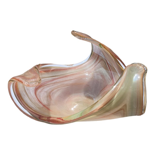 Mid 20th Century Italian Hand-Blown Art Glass Centerpiece Bowl, Swirled Pastels With Imprinted Rim, Attributed to Lavorazione Arte Murano For Sale