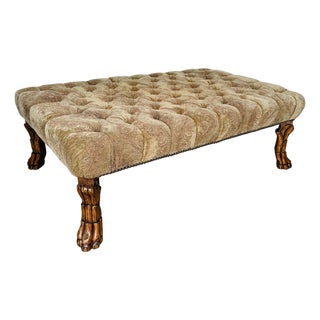 Vintage Large Traditional Tufted Ottoman Coffee Table With Carved Lion Paw Feet For Sale