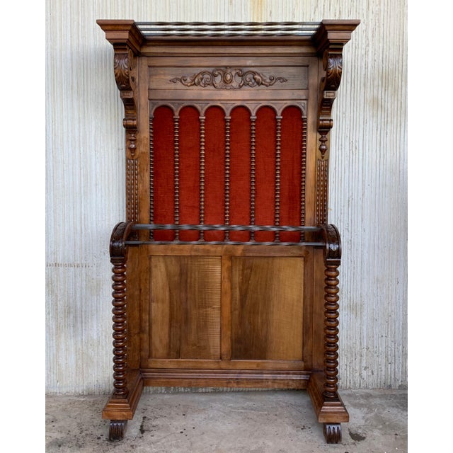 19th Large Carved Spanish Solid Walnut Hall Stand with Red Velvet Back For Sale - Image 16 of 18