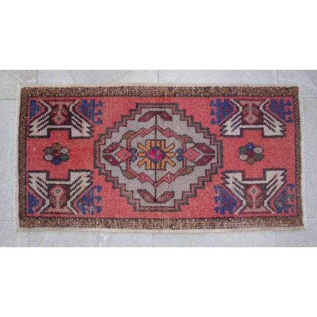 Distressed Low Pile Turkish Petite Rug Hand Knotted Faded Mat Enrty Decor- 1'8'' X 3' For Sale - Image 11 of 13