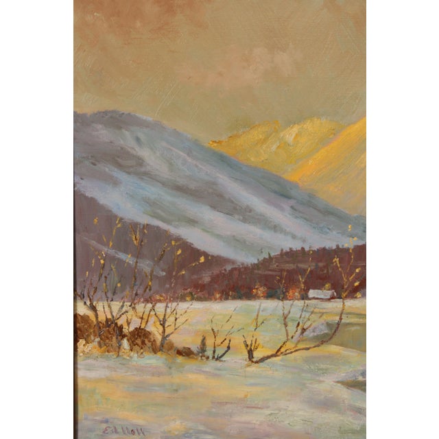 Textile American 20th Century Winter Mountain Town Landscape Original Oil Painting by Ed Hall For Sale - Image 7 of 13