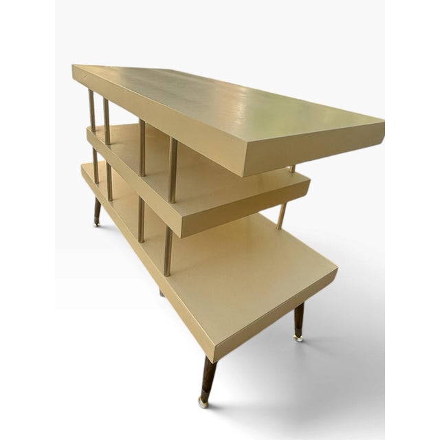 Vintage Mid-Century Modern Three-Tier Tangerine Console Table With Walnut and Gold Accents For Sale - Image 10 of 10