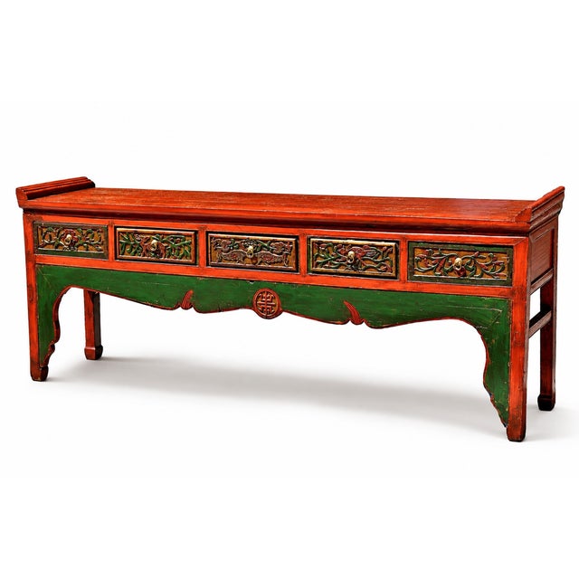 Monumental 8 Ft Extra Long 19th Century Chinese Console Altar Table Carved 5 Drawers Red Orange Green For Sale In Los Angeles - Image 6 of 16