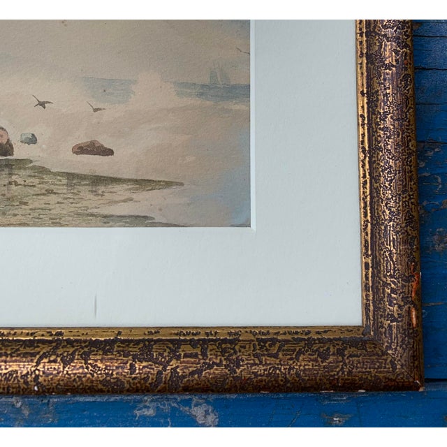 Early 20th Century Miniature Antique 1910s Rocky Beach Shore Seascape Painting Watercolor For Sale - Image 5 of 6