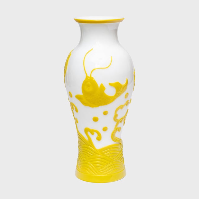 Yellow Chinese Pair of Citron to White Peking Glass Vases With Leaping Koi, C. 1930 For Sale - Image 8 of 10