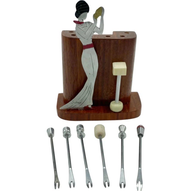 1930s Signed Sudre Art Deco Cocktail Pick Set — Female Bartender, Paris For Sale - Image 5 of 12