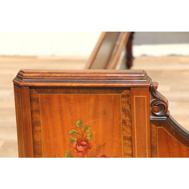 Wood Early 20th Century Pair of Louis XV Style Hand-Painted Twin Bed Frames With Floral Marquetry For Sale - Image 7 of 18