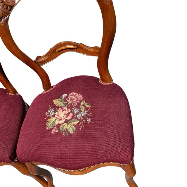 Pair Antique C1880 Victorian Walnut Side Chairs Needlepoint French Polished For Sale - Image 16 of 18