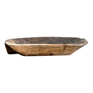Antique Eastern European Hand-Carved Wooden Dough Bowl With Original Metal Repairs For Sale